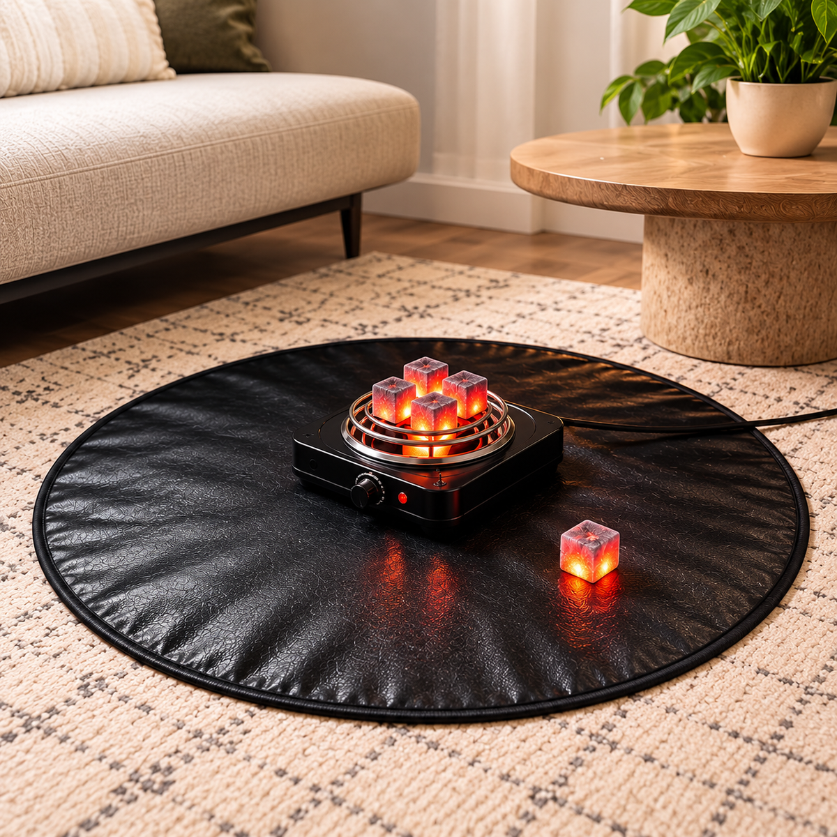Barid HeatGuard Mat with electric coil charcoal burner and glowing coals