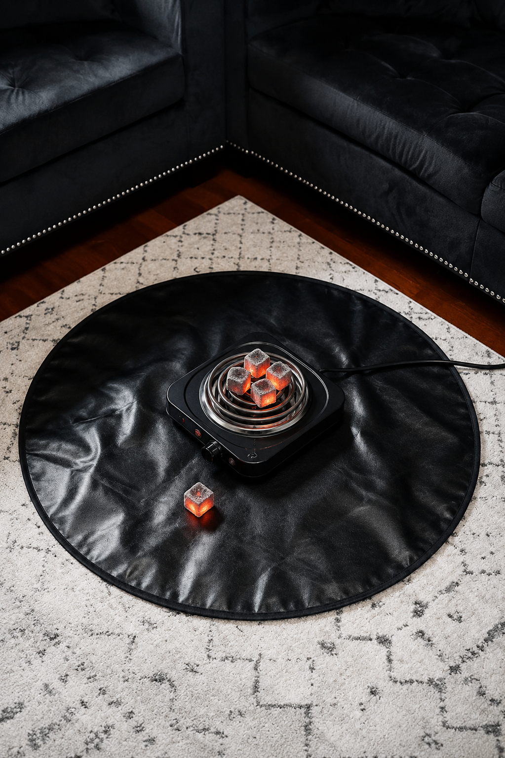 Glossy black protective mat with electric coil coal burner and glowing coals